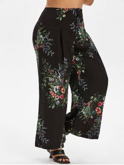 Plus Size Floral Print Wide Leg Pants - BLACK - L