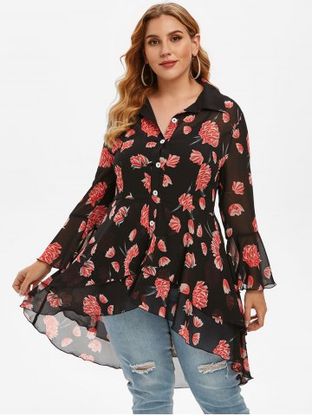 Plus Size High Low Flounce Floral Blouse and Tank Top Set