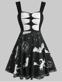 Halloween Pumpkin Bat Print Sleeveless Flare Dress - BLACK - M
