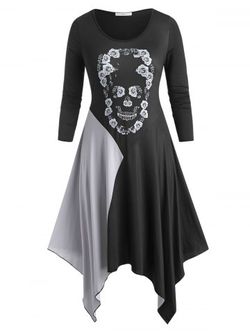 Skull Floral Colorblock Halloween Plus Size Dress - BLACK - L