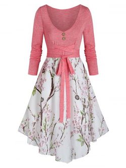 Floral Print Tie Waist Button Asymmetrical Dress - PINK ROSE - 3XL