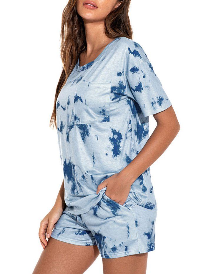 

Pockets Tie Dye Pajamas Shorts Set, Light blue