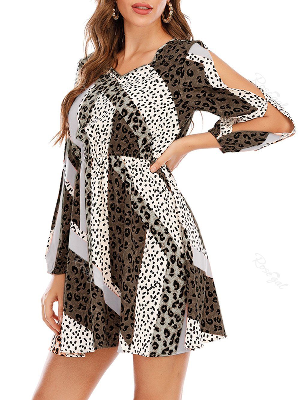 

Split Sleeve Leopard Dalmatian Dot Print Mini Dress, Light gray