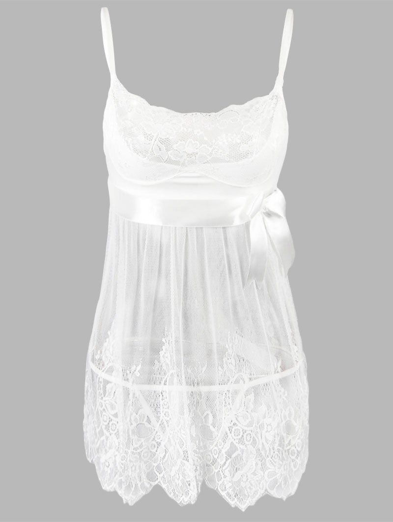 

Plus Size Lace Bowknot Babydoll Set, White