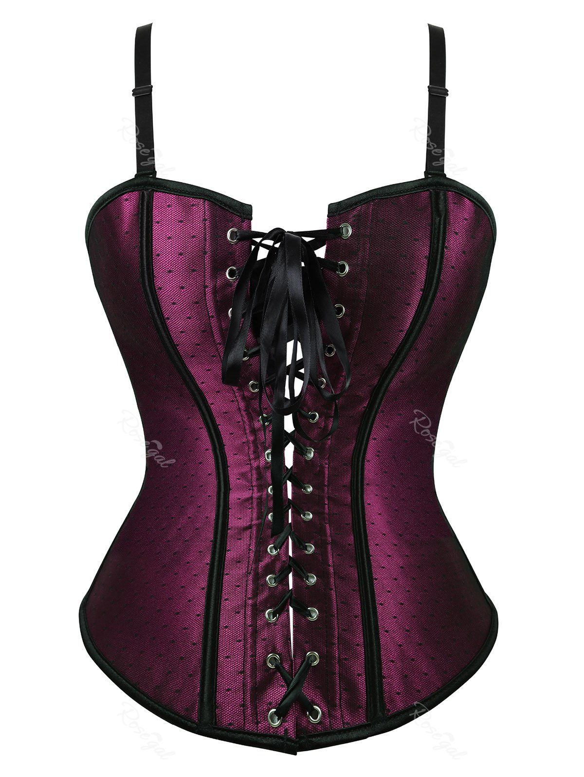 

Plus Size Lace-up Mesh Hook and Eye Corset Set, Purple