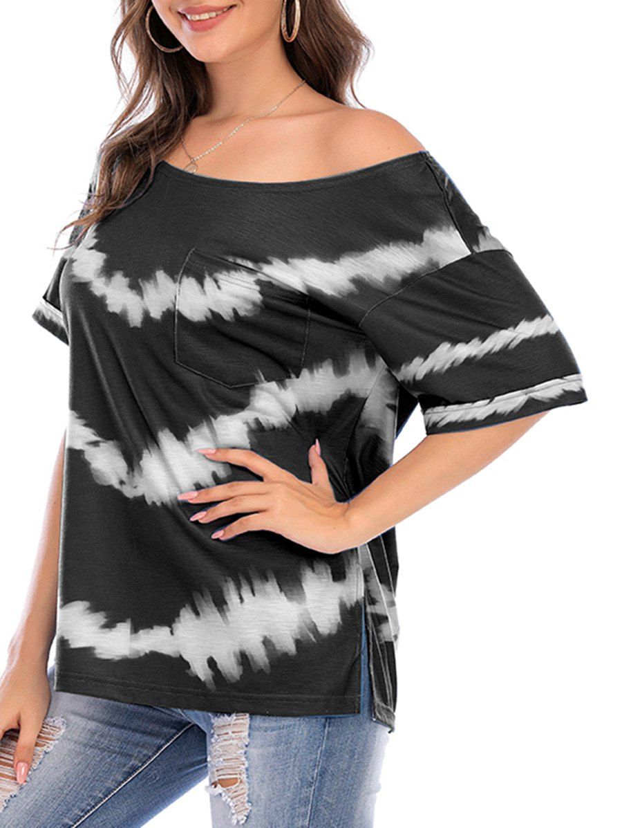 

Tie Dye Skew Neck Side Slit Pocket Tee, Black