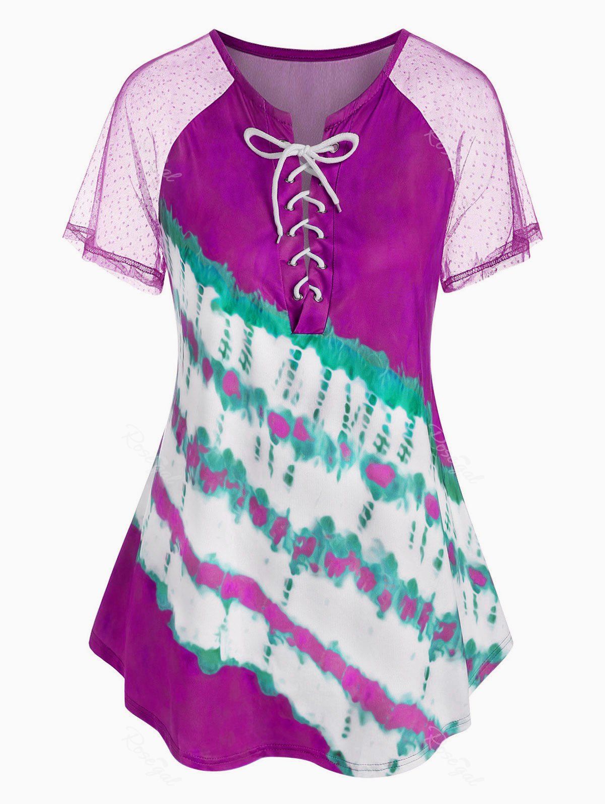 

Plus Size Lace Up Tie Dye T Shirt, Purple