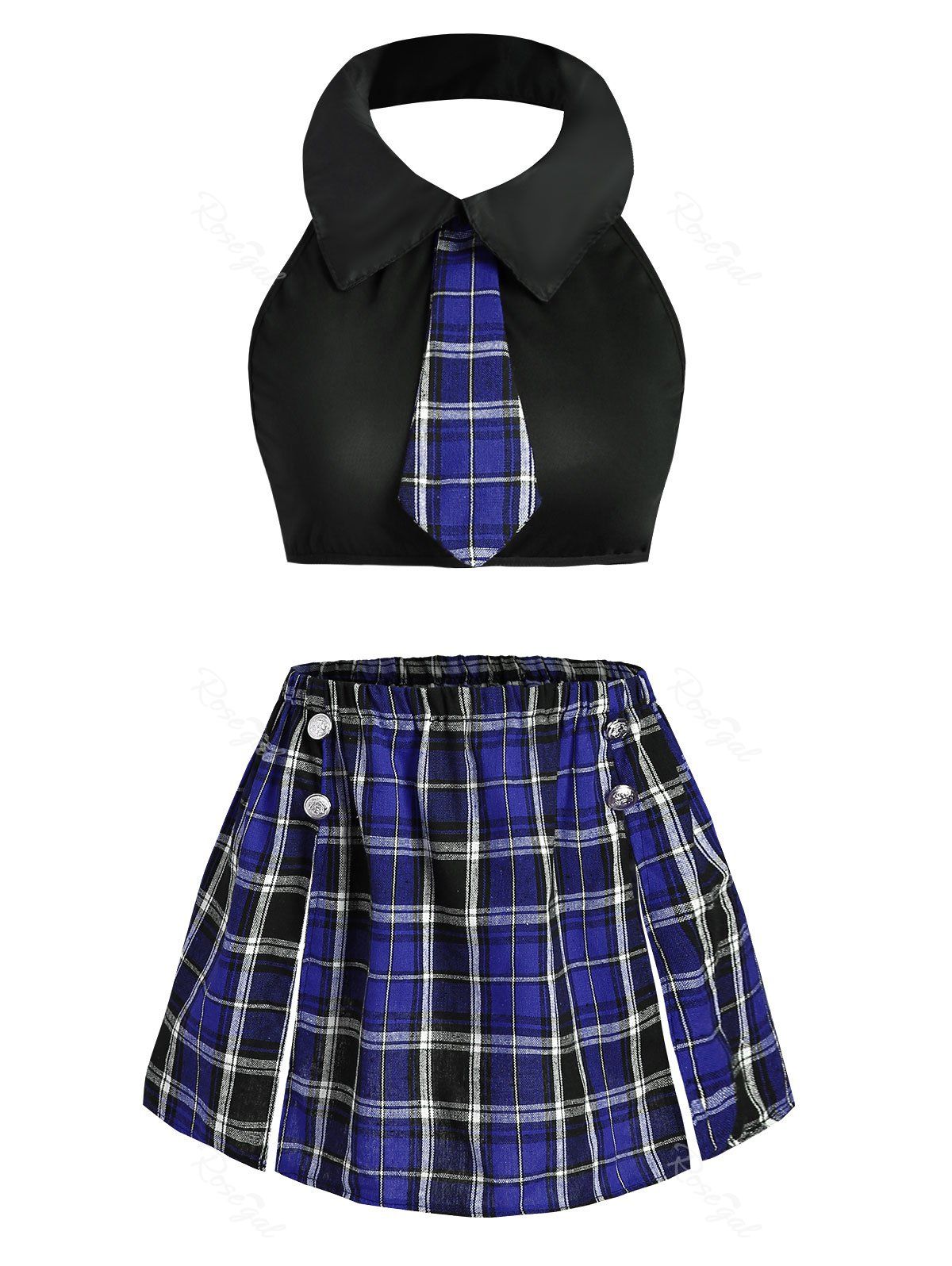 

Slit Tie Plaid Sailor Style Plus Size Students Costume Set, Blue