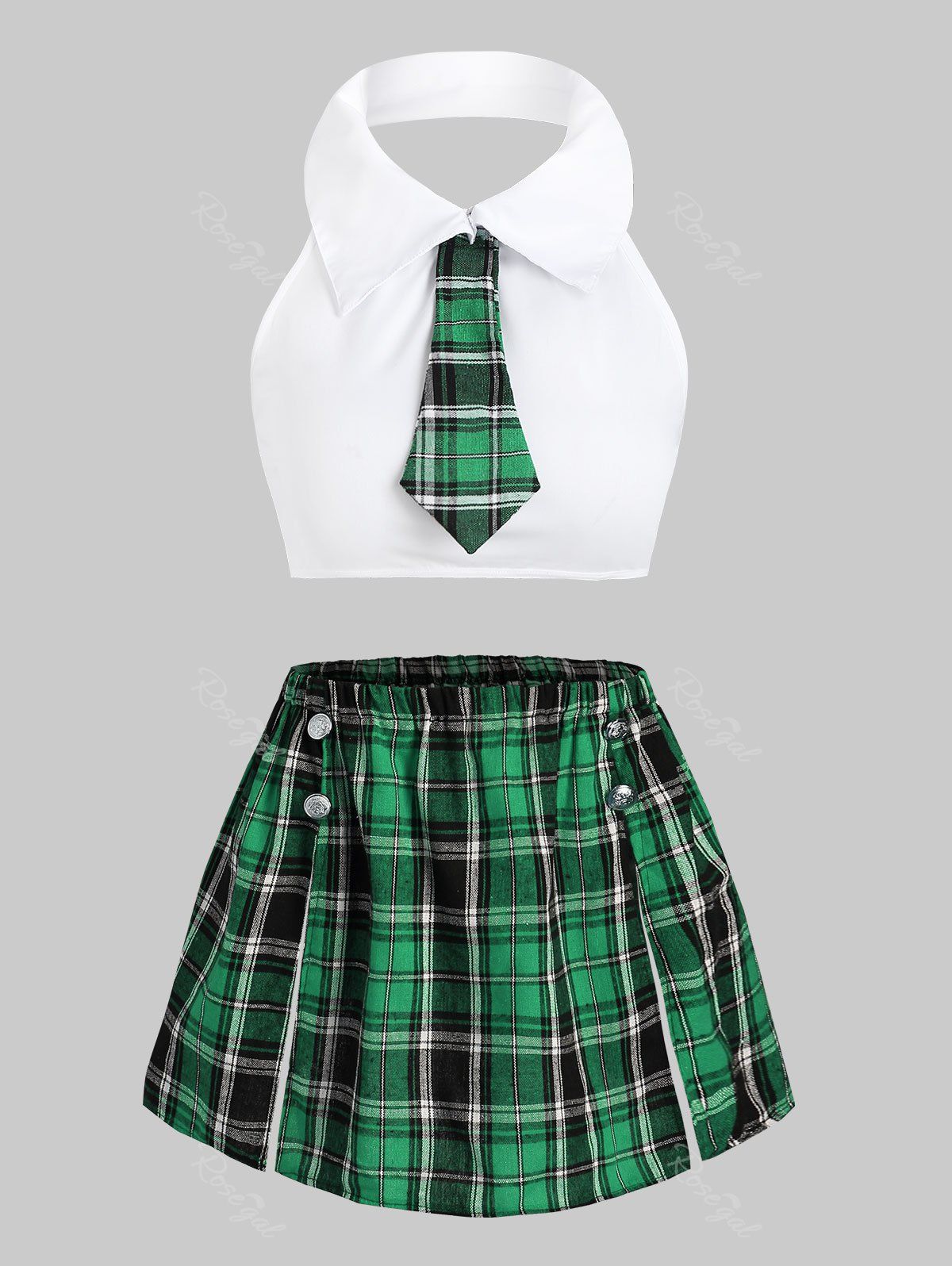 

Slit Tie Plaid Sailor Style Plus Size Students Costume Set, Green