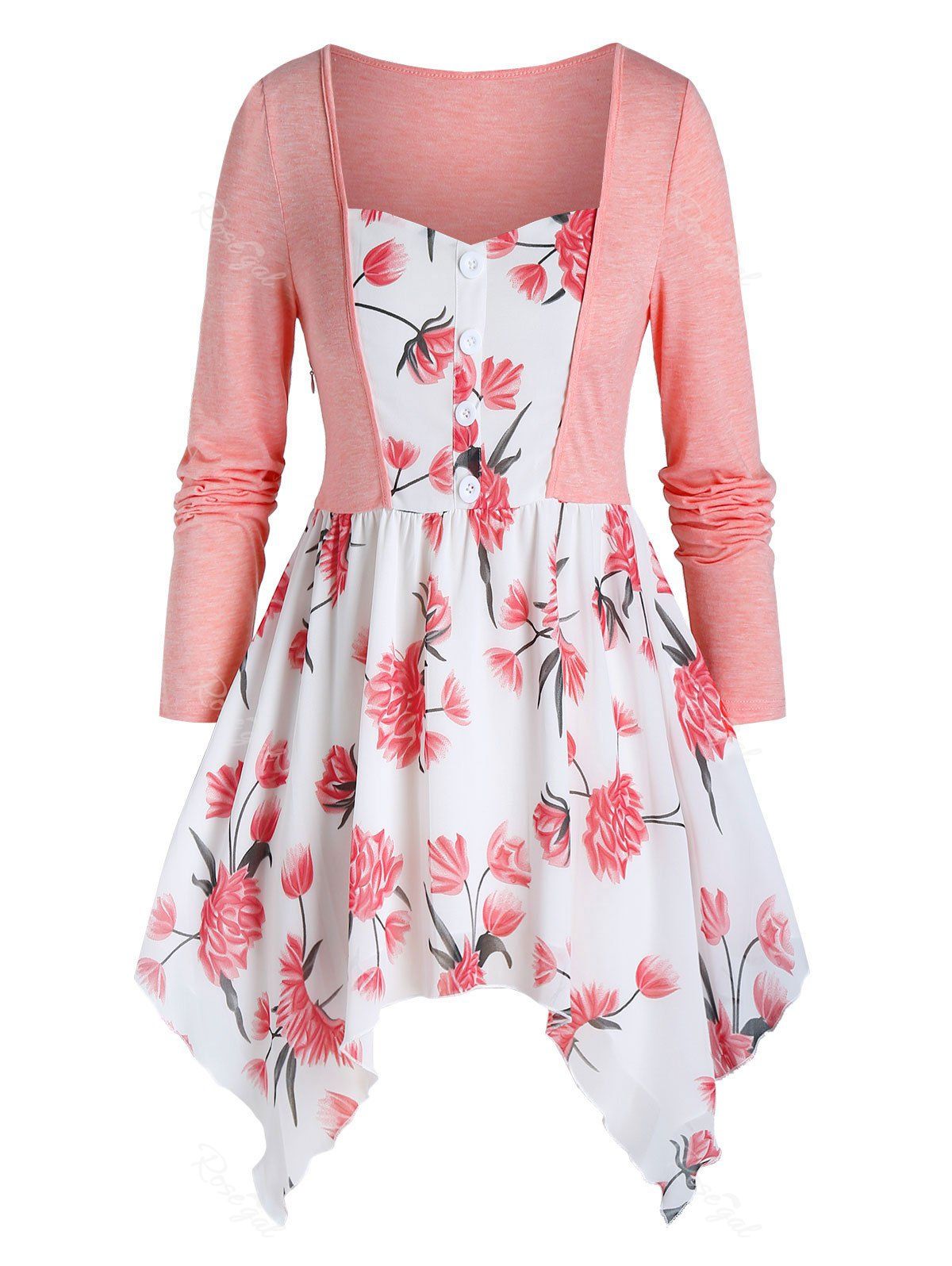 

Plus Size Button 2 In 1 Flower Print A Line T-shirt, Living coral