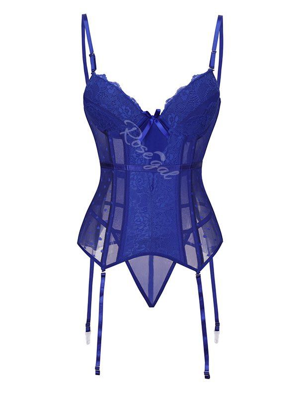 

Plus Size Mesh Underwire Hook and Eye Garter Corset Set, Blue