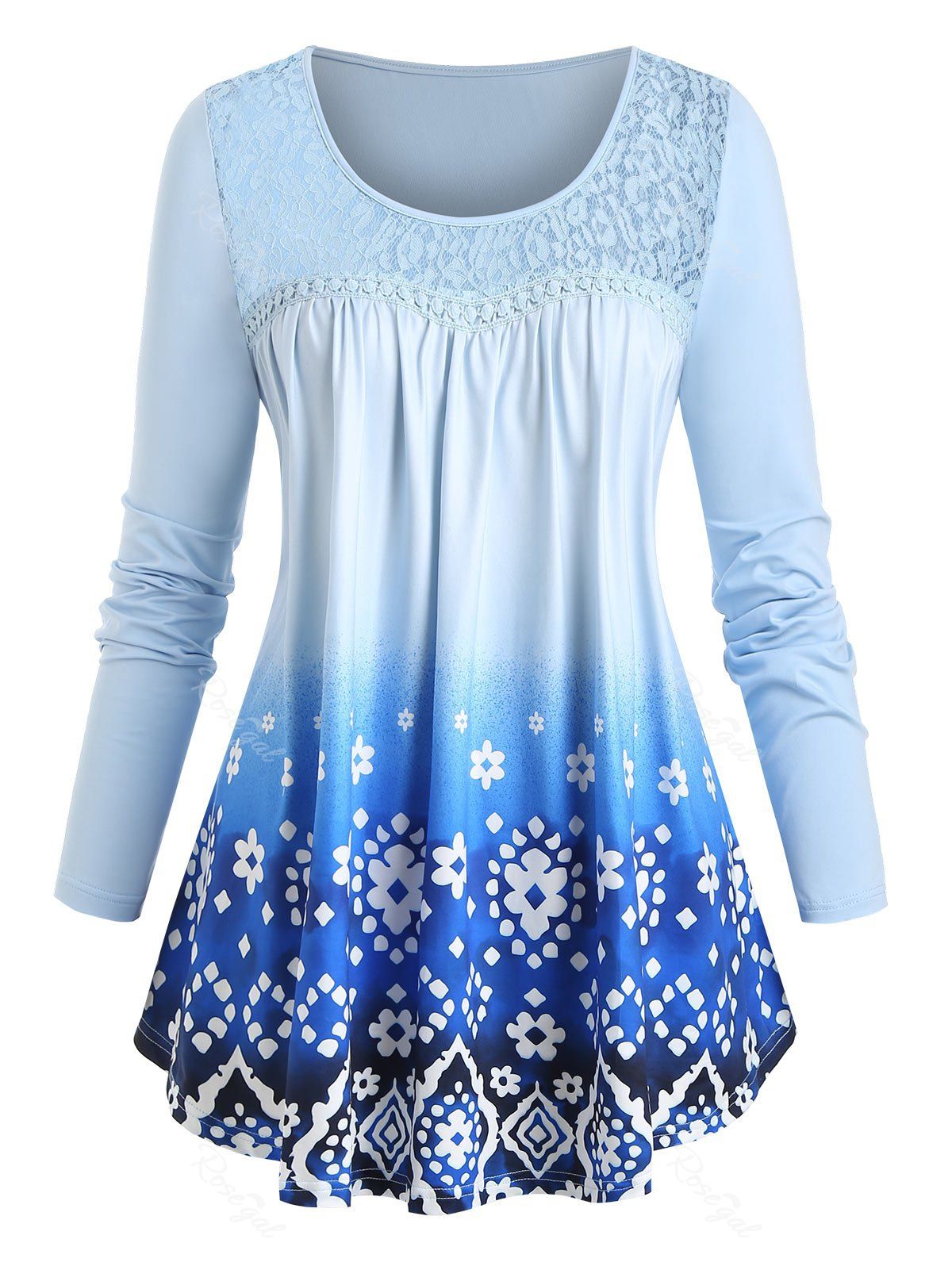 

Plus Size Lace Insert Floral Print Ombre T Shirt, Light blue