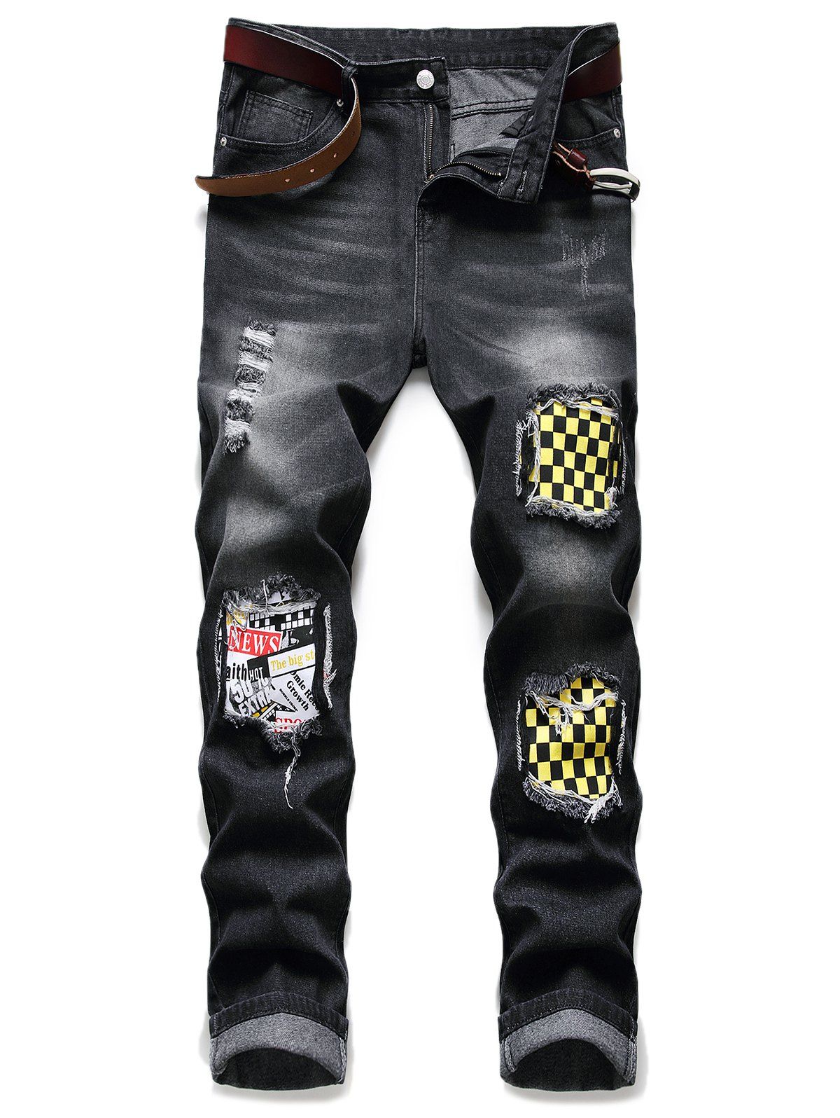 

Ripped Patchwork Scratch Long Casual Jeans, Black