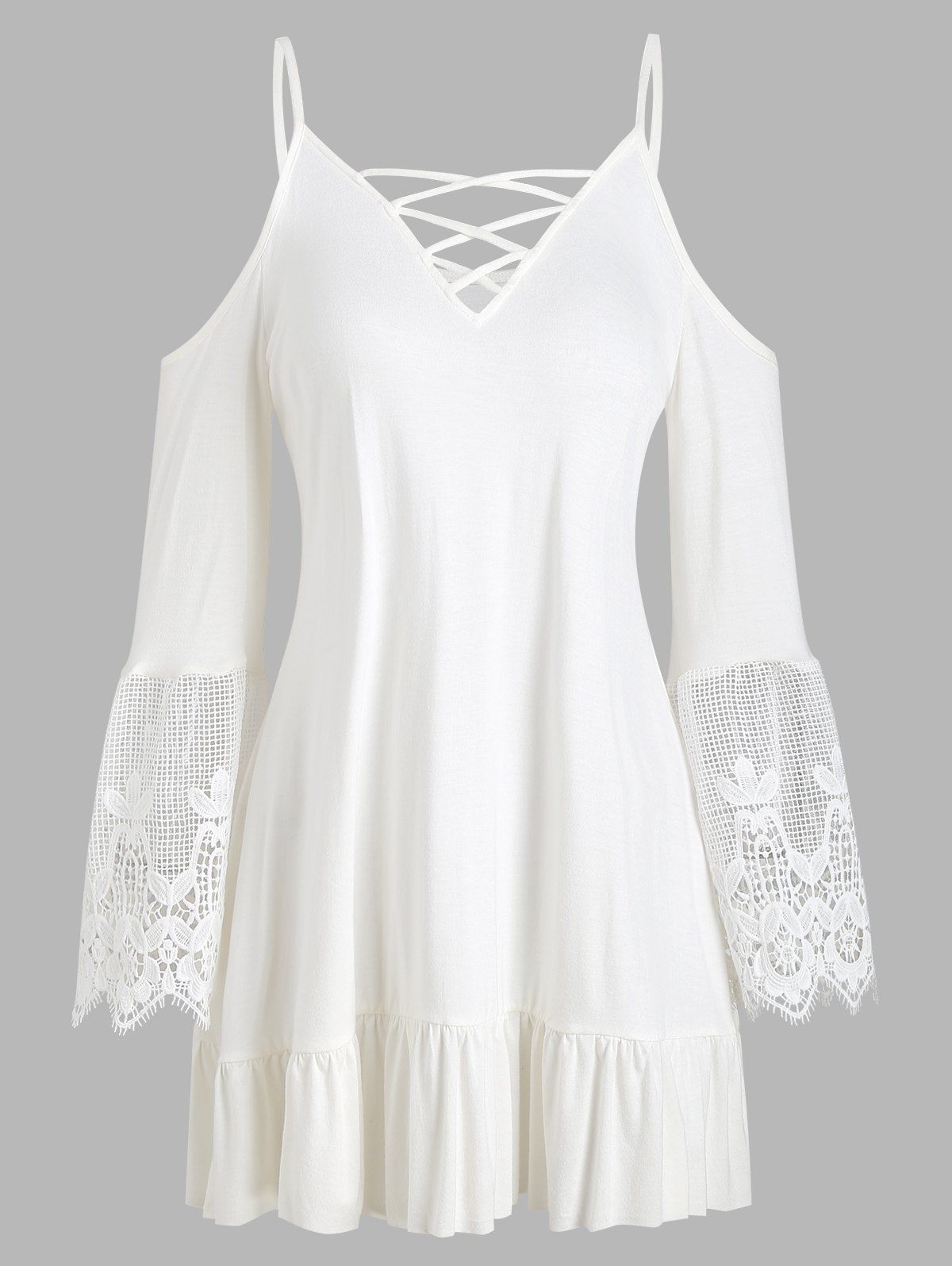 

Lace Panel Lattice Open Shoulder Top, White