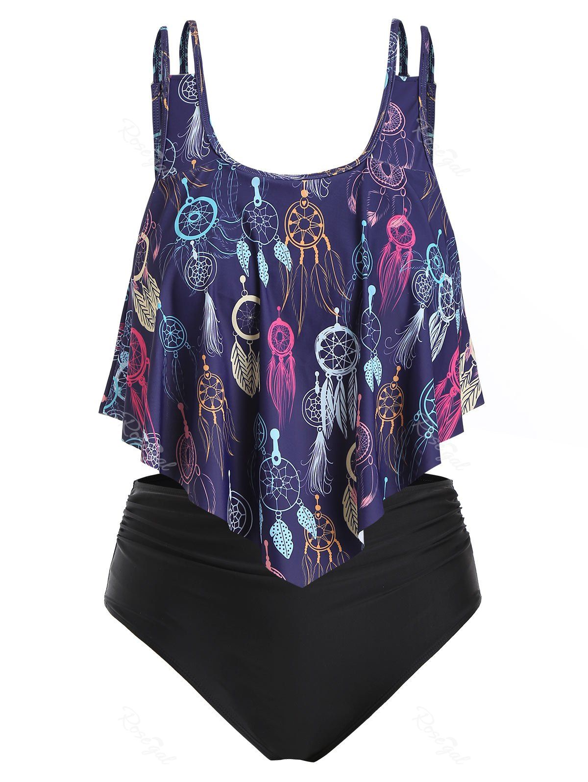 

Plus Size Ruffled Overlay Dreamcatcher Print Tankini Swimwear, Deep blue