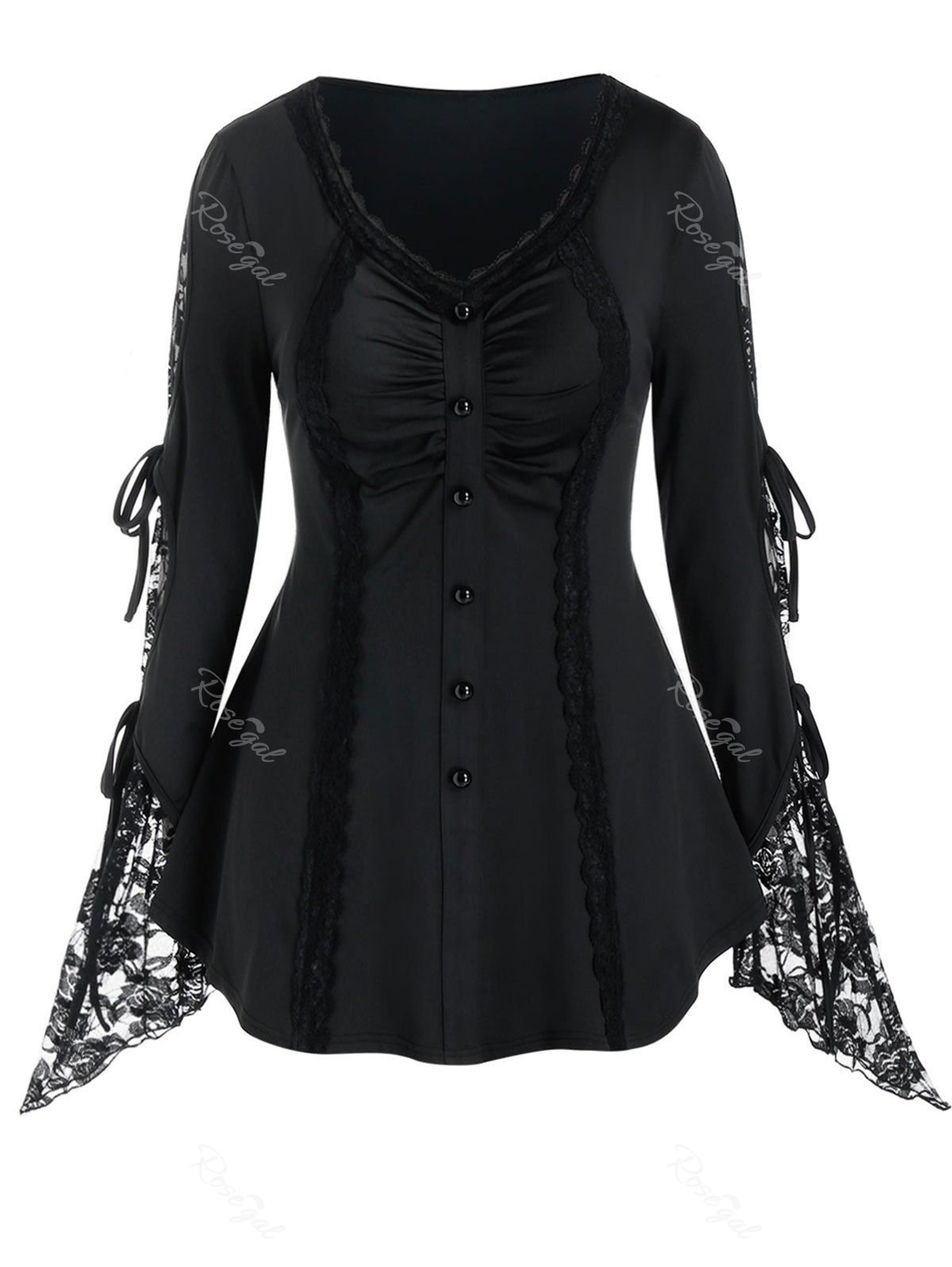 

Plus Size Ruched Lace Flare Sleeve Tie Tunic Top, Black