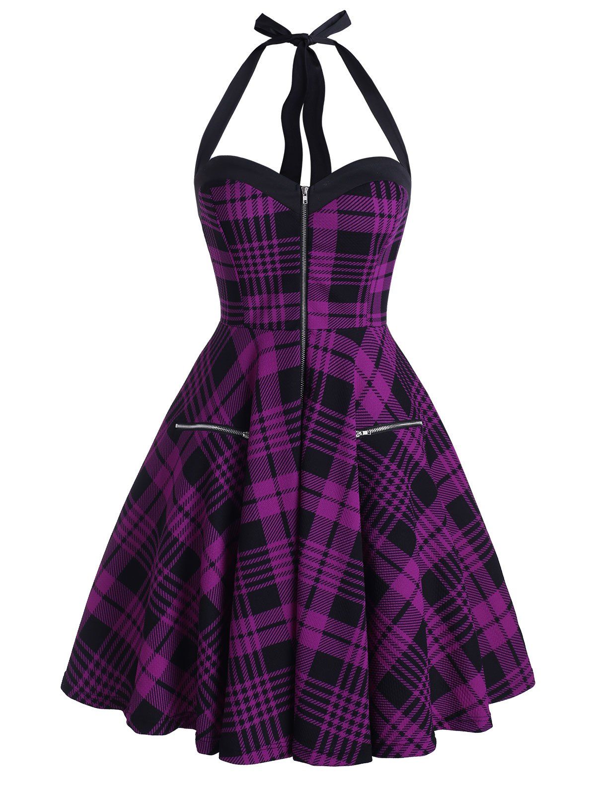 

Halter Half Zip Plaid Vintage Dress, Purple