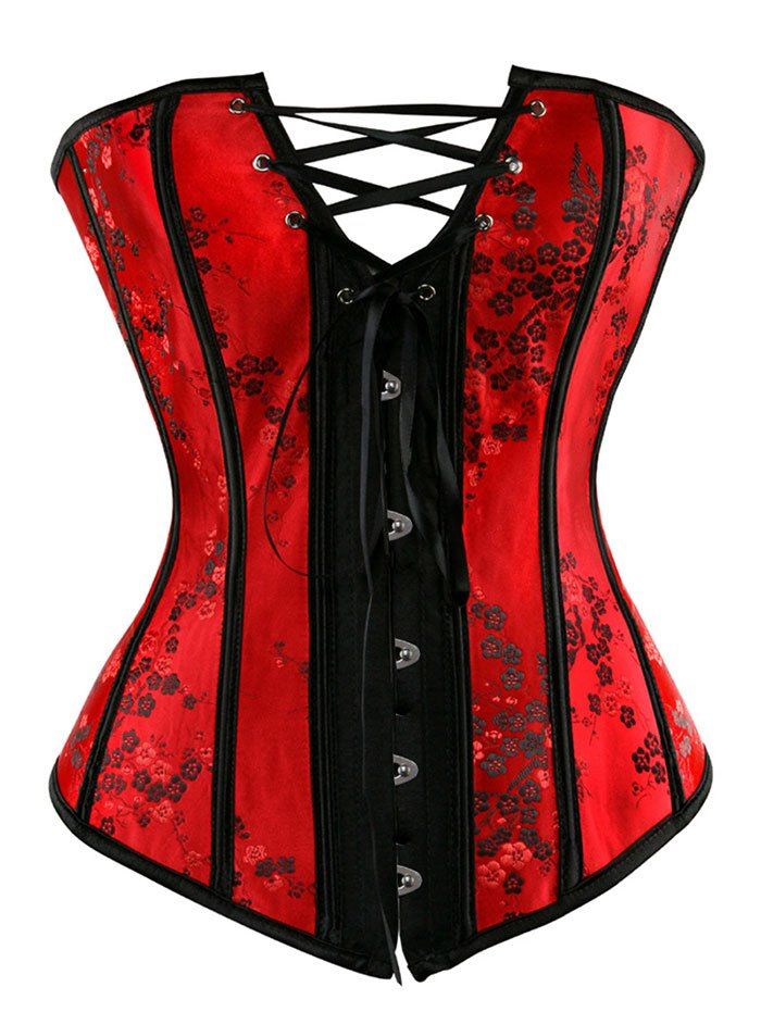 

Plus Size Lace-up Jacquard Steel Boned Strapless Corset Set, Red