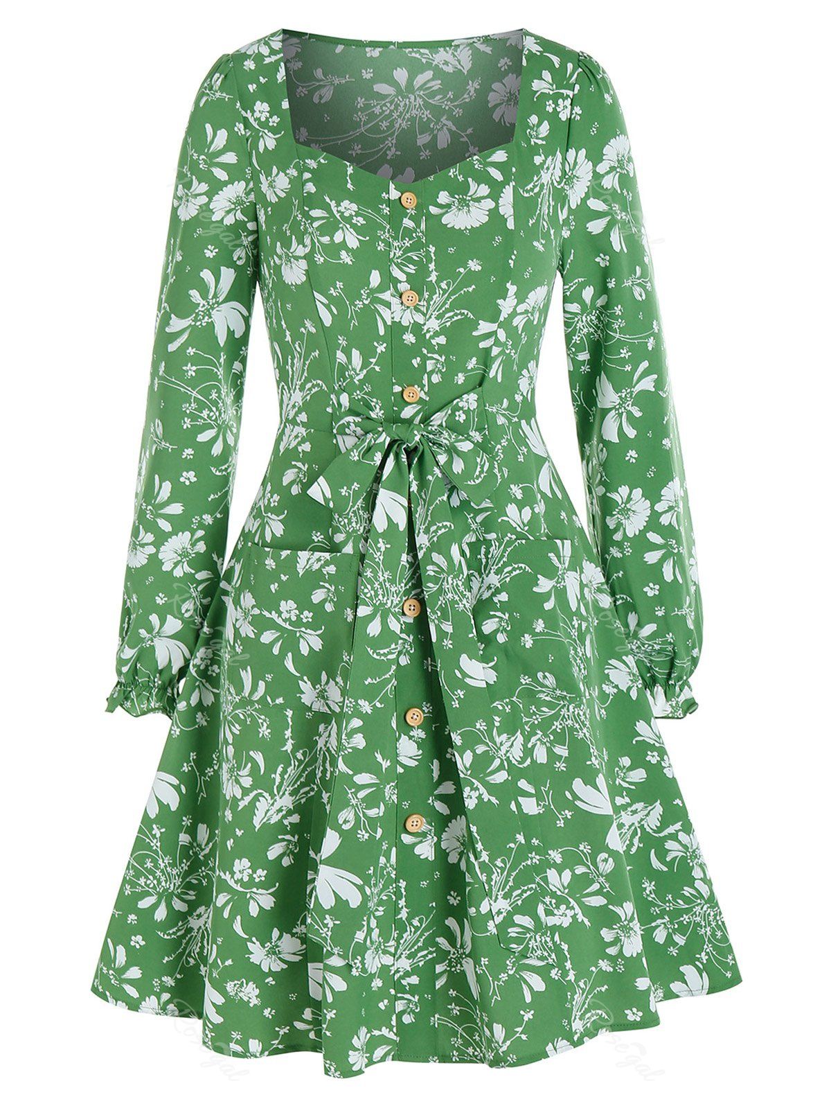 Store Ditsy Floral Front Pockets Belted Mini Dress  