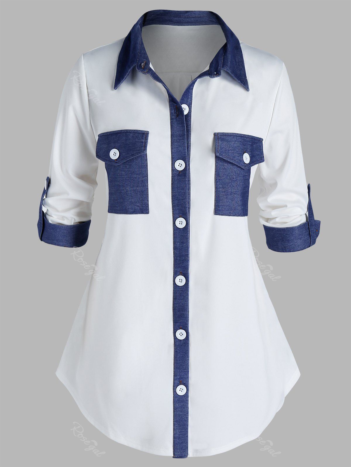 

Plus Size Dual Pocket Denim Patched Rolled Tab Sleeve Shirt, White
