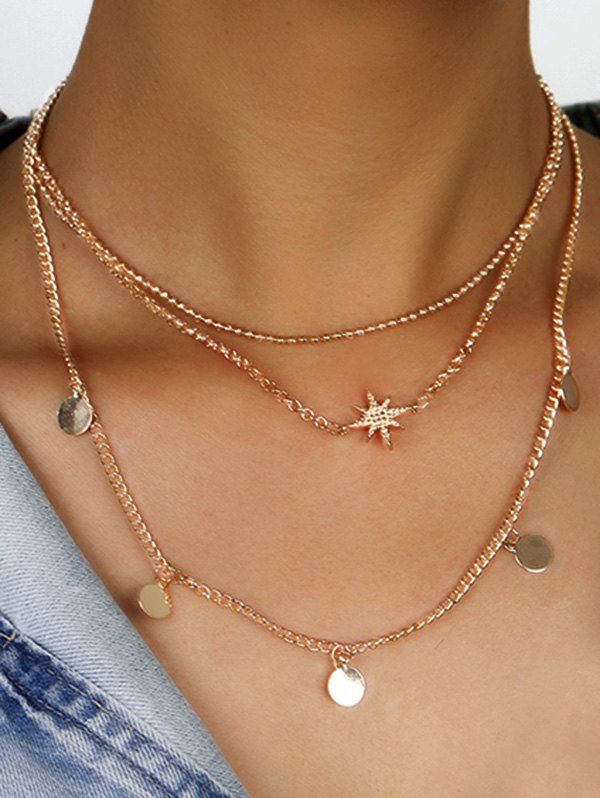 

Star Disc Pattern Layered Necklace, Golden