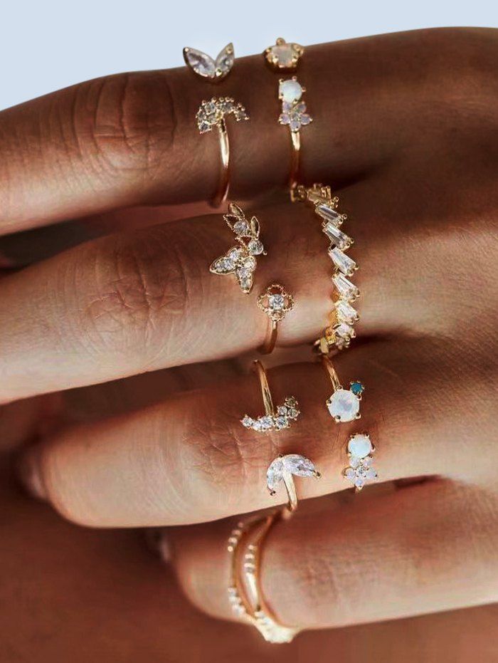 

7Pcs Floral Butterfly Rhinestone Ring Set, Golden