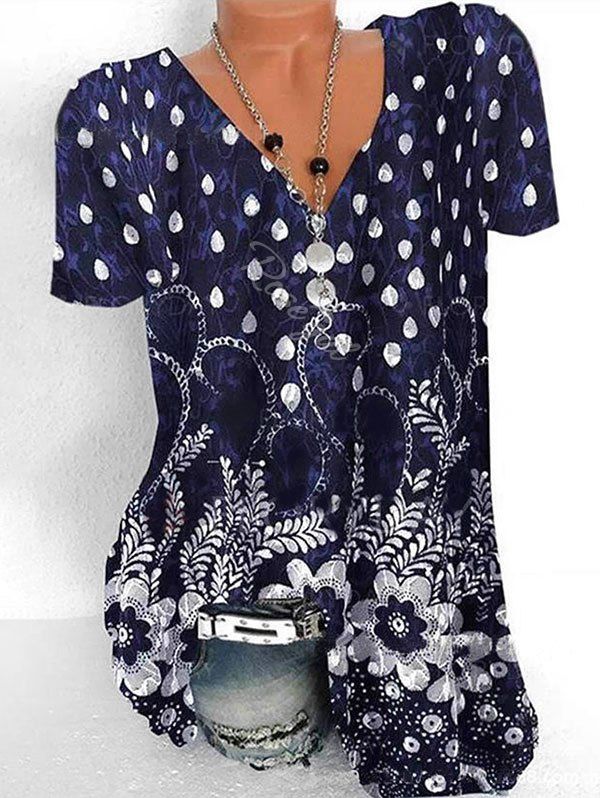 

Plus Size V Neck Floral Print Top, Deep blue