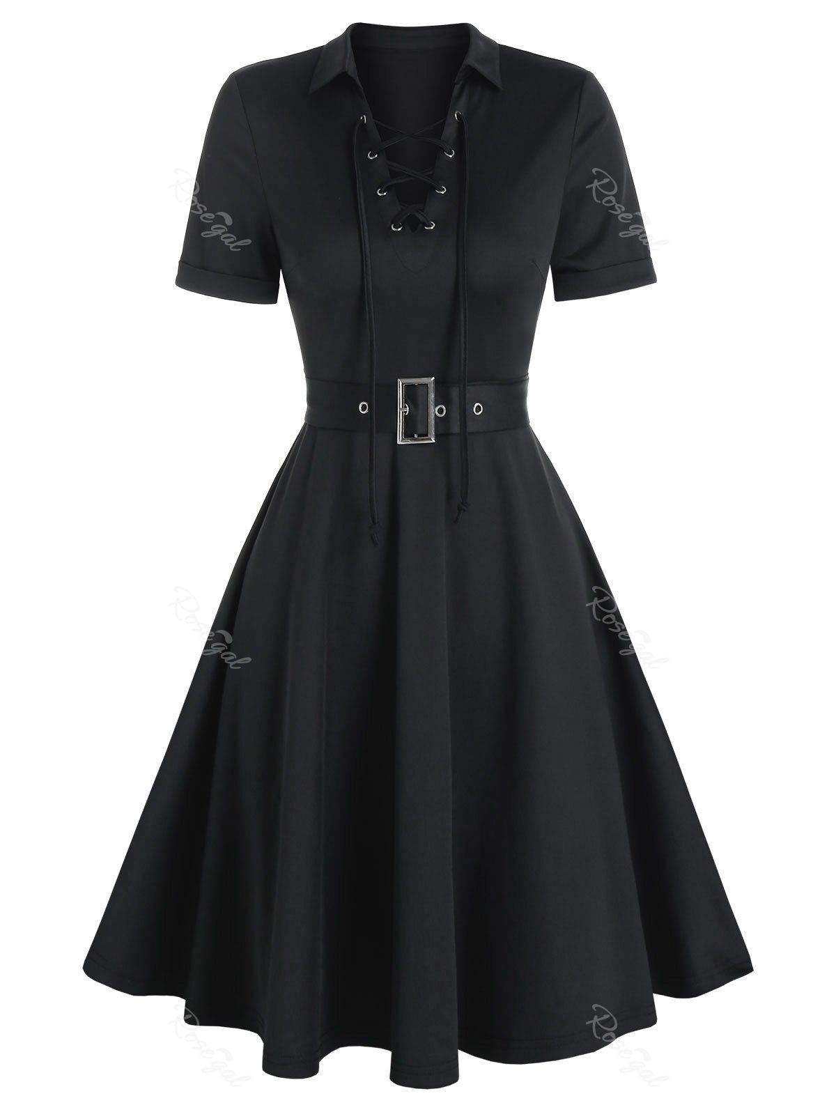 

Lace-up Front Belted Casual Dress, Black