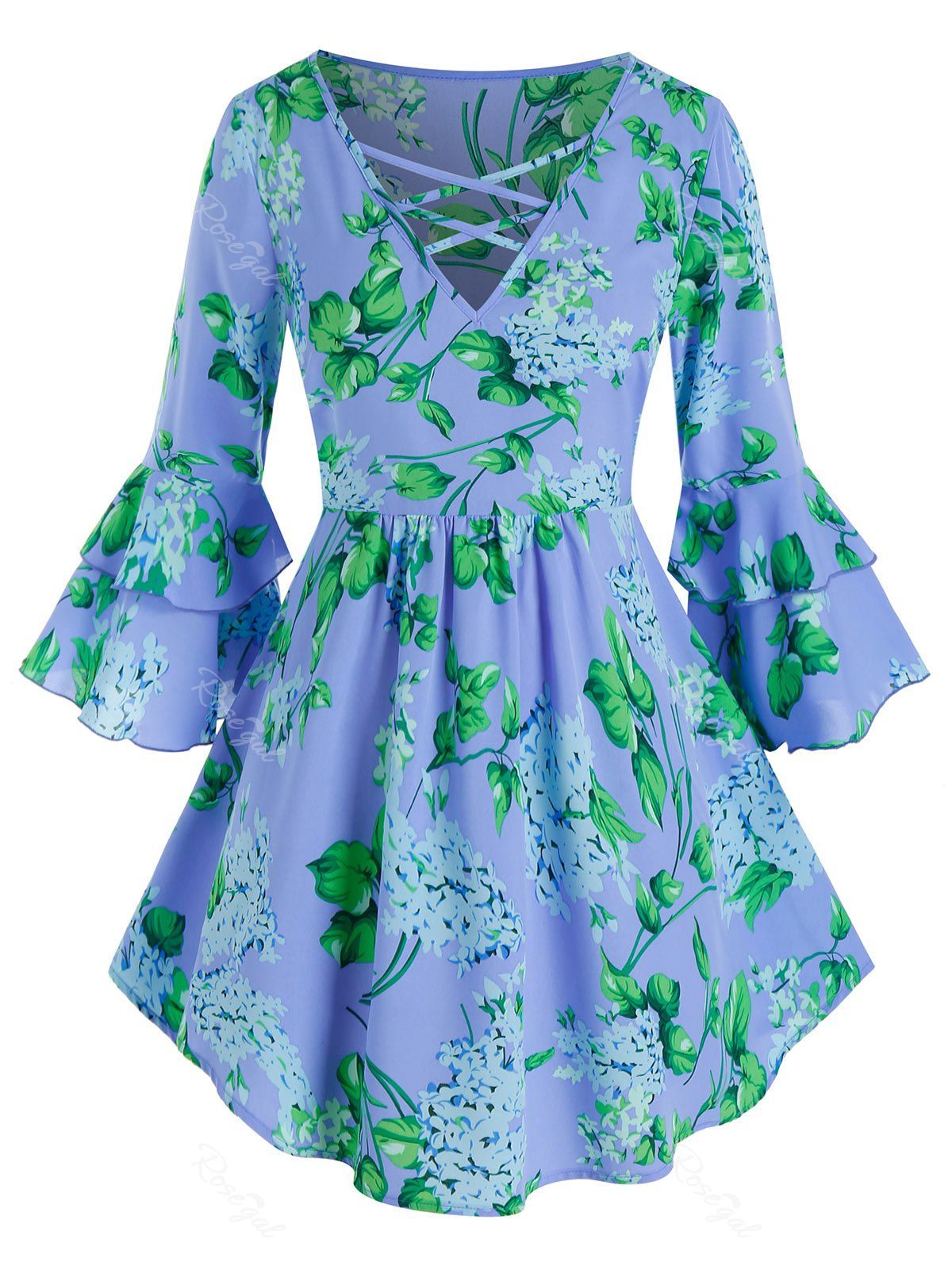 

Plus Size Bell Sleeve Floral Print Crisscross Blouse, Blue