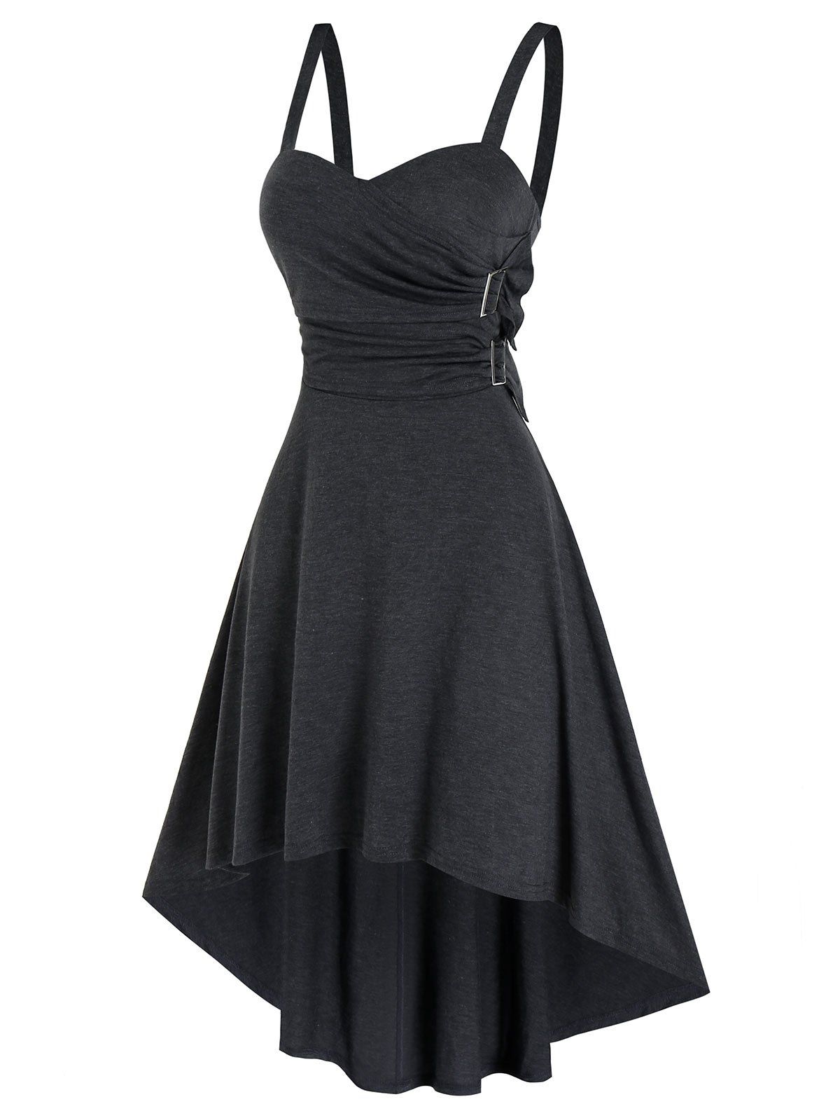 

Buckle Detail Sleeveless Heathered High Low Dress, Dark slate grey