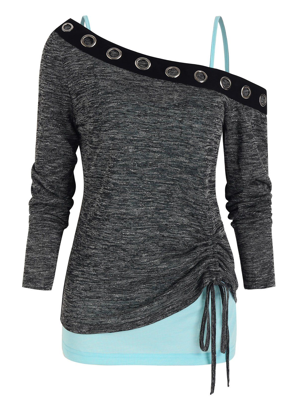 

Cold Shoulder Drawstring Hem Two Piece T Shirt Sets, Gray