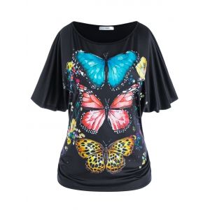 

Plus Size Butterfly Print Batwing Sleeve Tee, Black