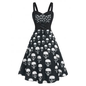 

Skull Print Lace Up Cami Mid Calf Dress, Black