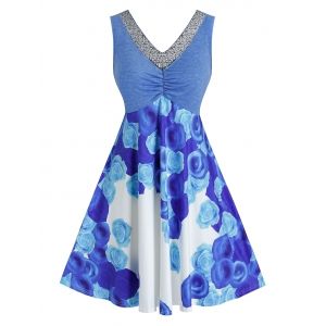 

Plus Size Sequined V Neck Flower Print Dress, Sky blue