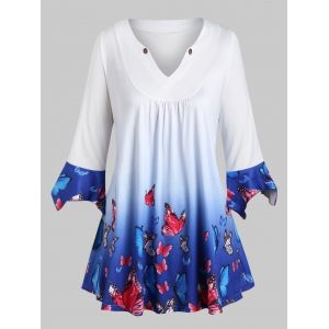 

Plus Size Poet Sleeve Ombre Butterfly Print Tee, Blue