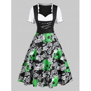 

Floral Skull Print Lace Up Dirndl Dress, Multi a