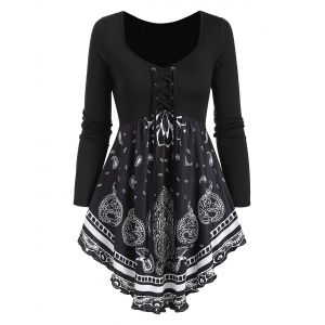

Paisley Print Lace Up Long Sleeve T Shirt, Black