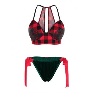 

Plus Size Bowknot Cutout Plaid Bra Set, Multi
