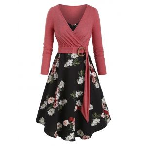 

Floral Print Belted Two Piece Dress, Multi a