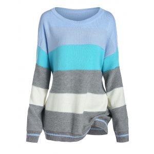 

Plus Size Color Blocking Striped Drop Shoulder Sweater, Light blue