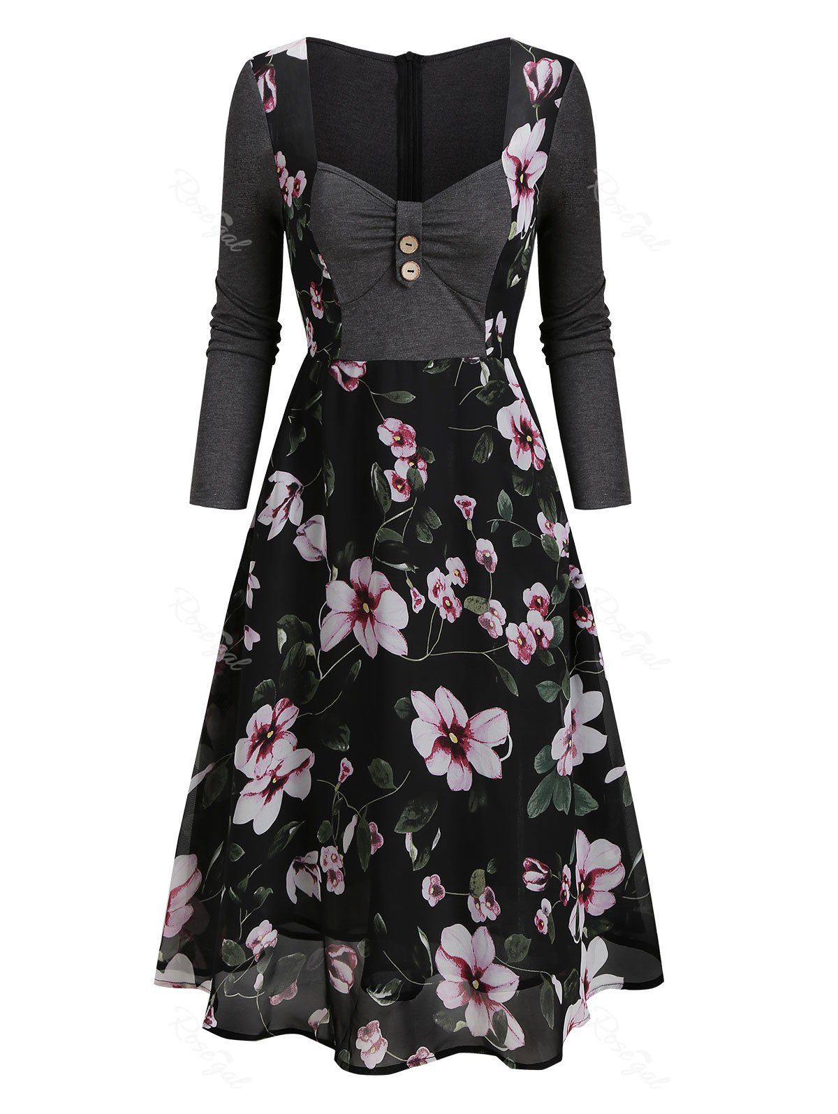 

Floral Print Sweetheart Neck Overlay Mesh Dress, Multi-a