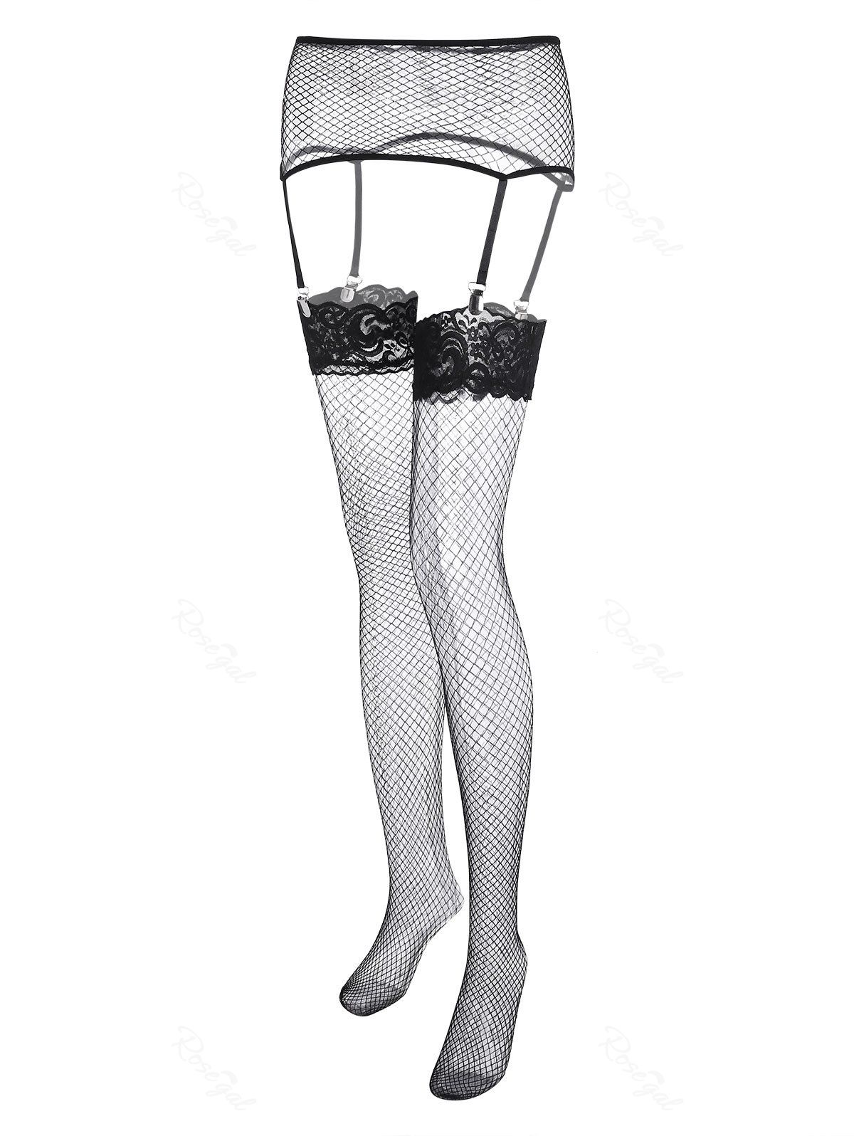 

Plus Size Lace Fishnet Garter Belt Stockings Set, Black