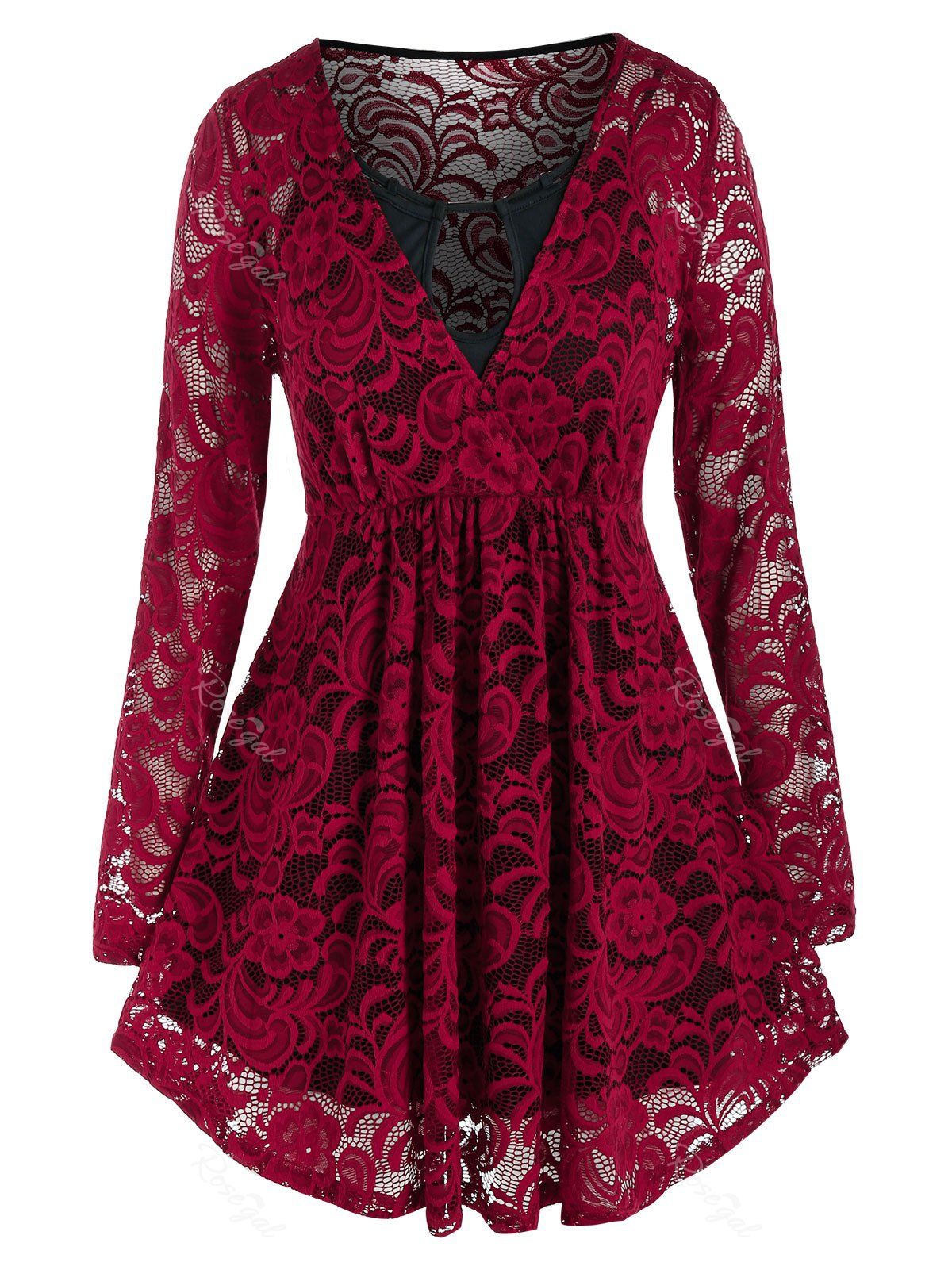 

Plus Size Surplice Lace Blouse and Keyhole Camisole Set, Red wine