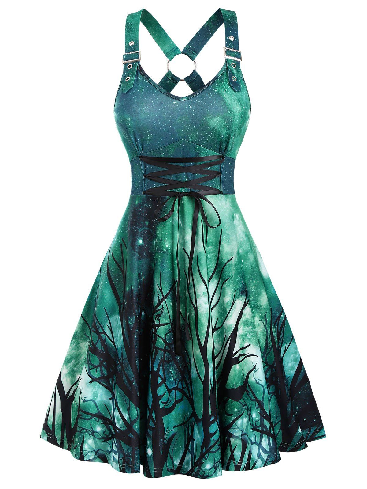 

Branches Print Lace Up Back O Ring Dress, Light sea green