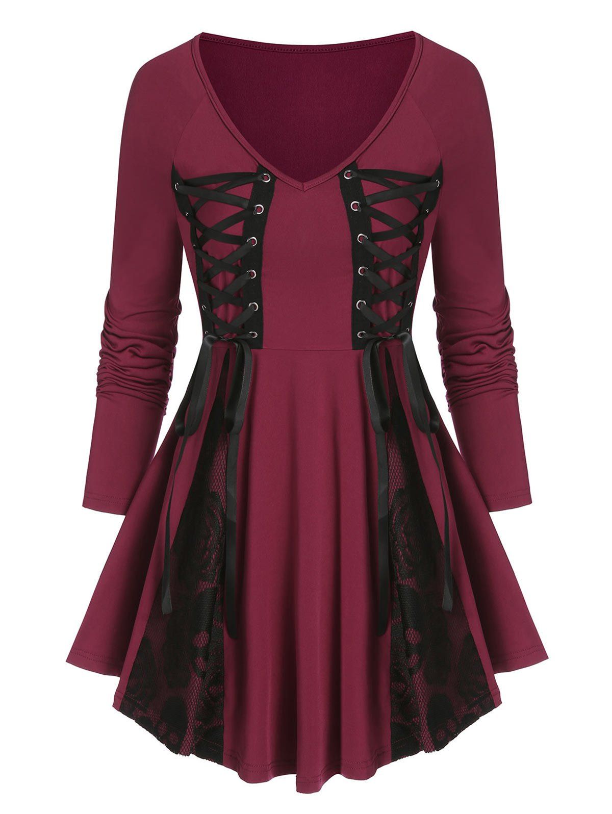 

Lace Up Lace Panel Gothic T Shirt, Red wine