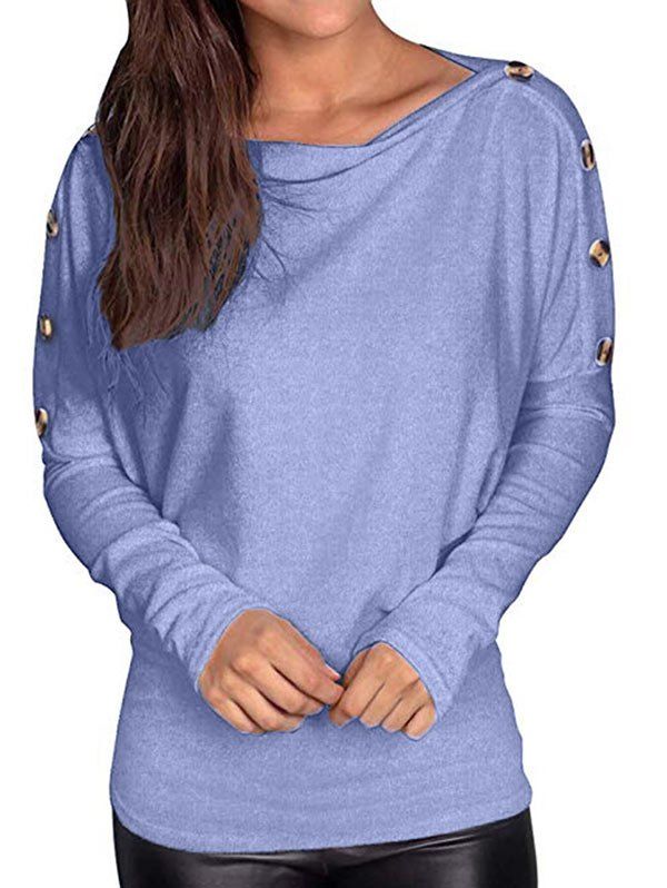 

Buttoned Dolman Sleeve Boat Neck Tee, Light blue