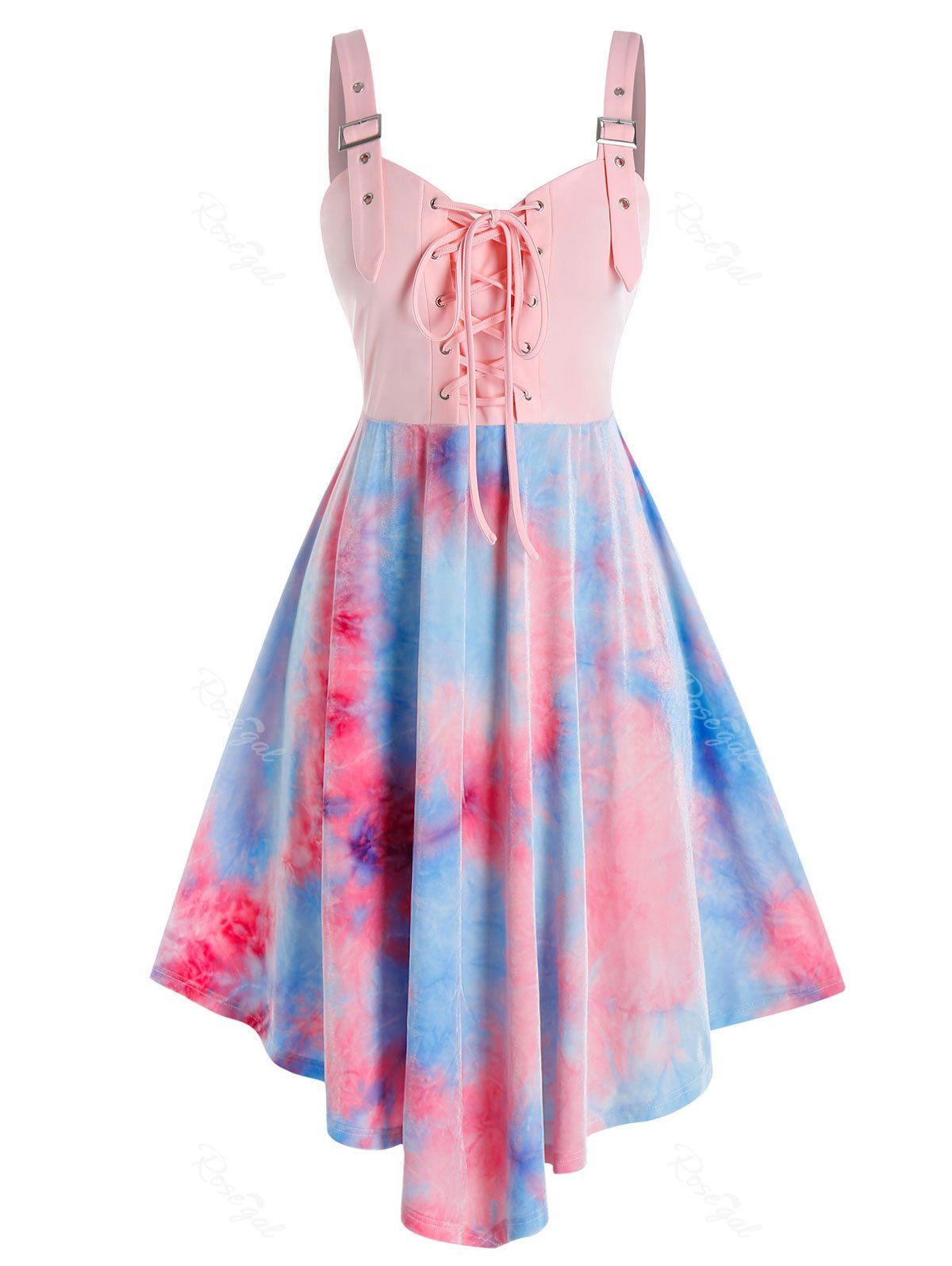 

Plus Size Tie Dye Lace-up Buckle Eyelet Backless Dress, Rose