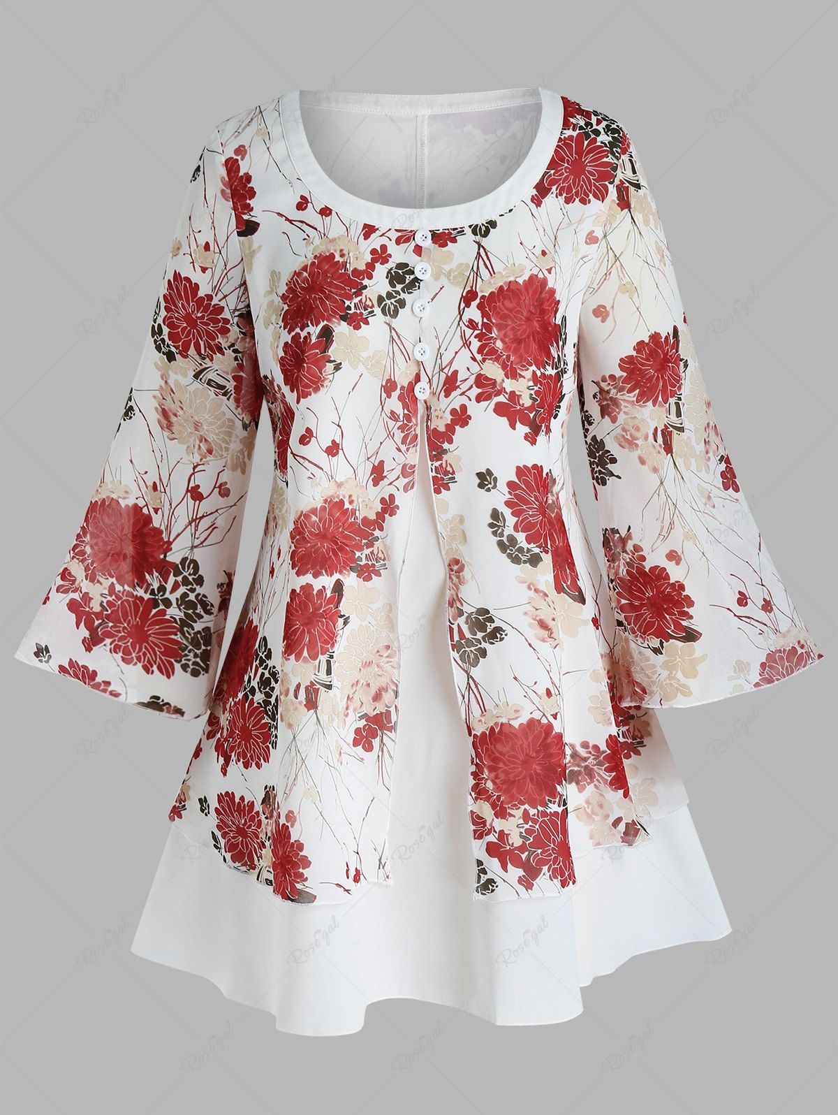 Affordable Plus Size Button Floral Pattern Split Blouse  