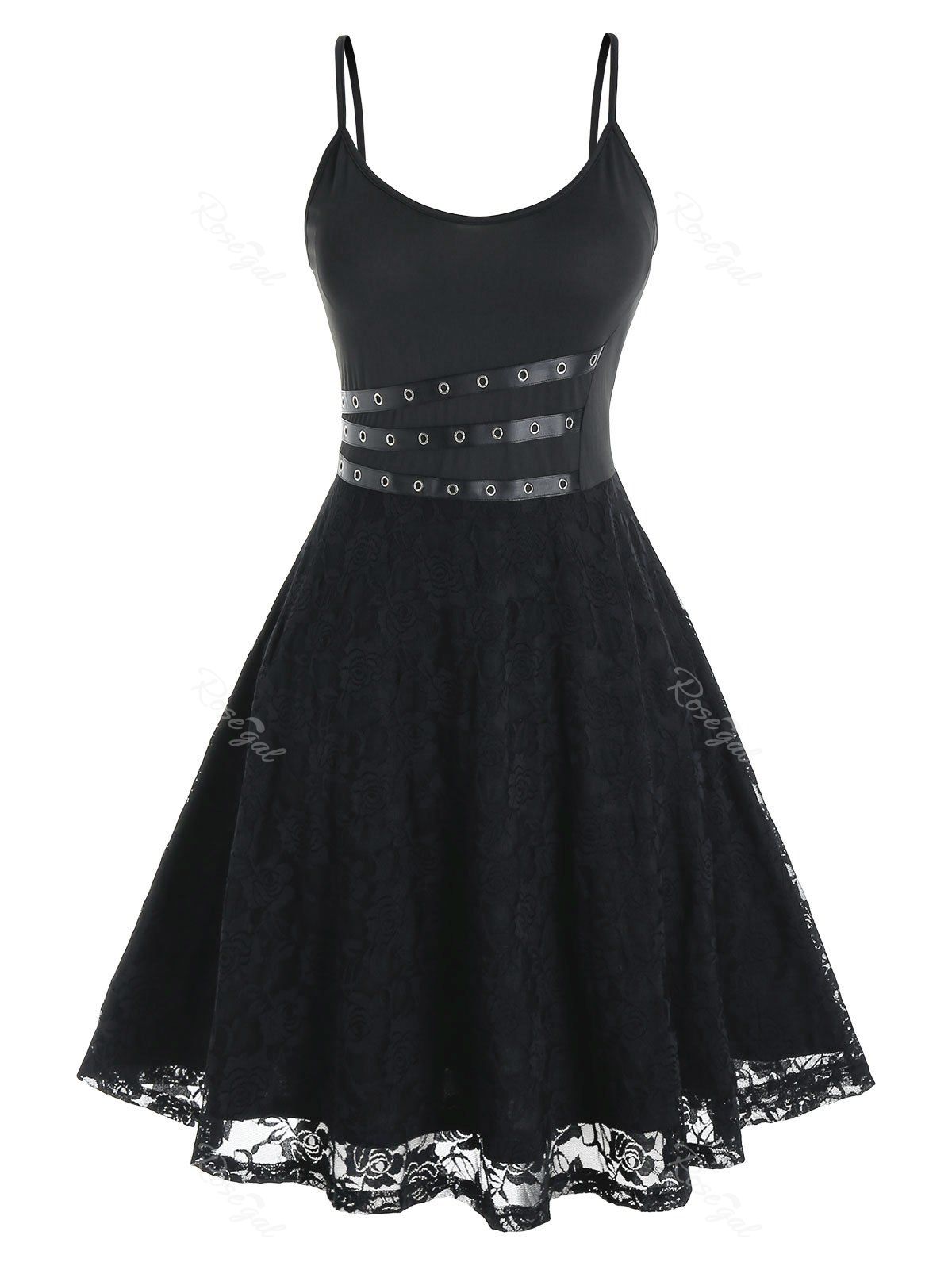 

Plus Size Lace Backless Grommet A Line Cami Dress, Black