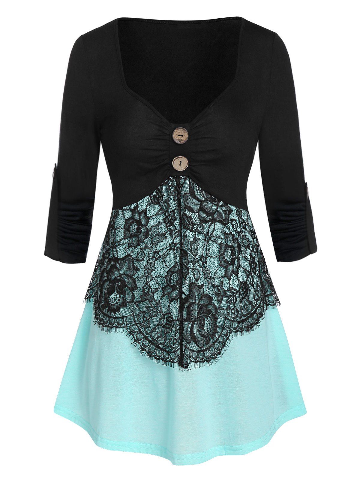

Roll Tab Sleeve Lace Panel Mock Button T Shirt, Black